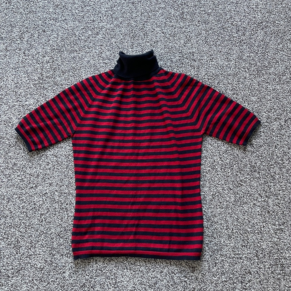 Celine Red Navy Striped Cashmere Turtleneck Sweater Top S